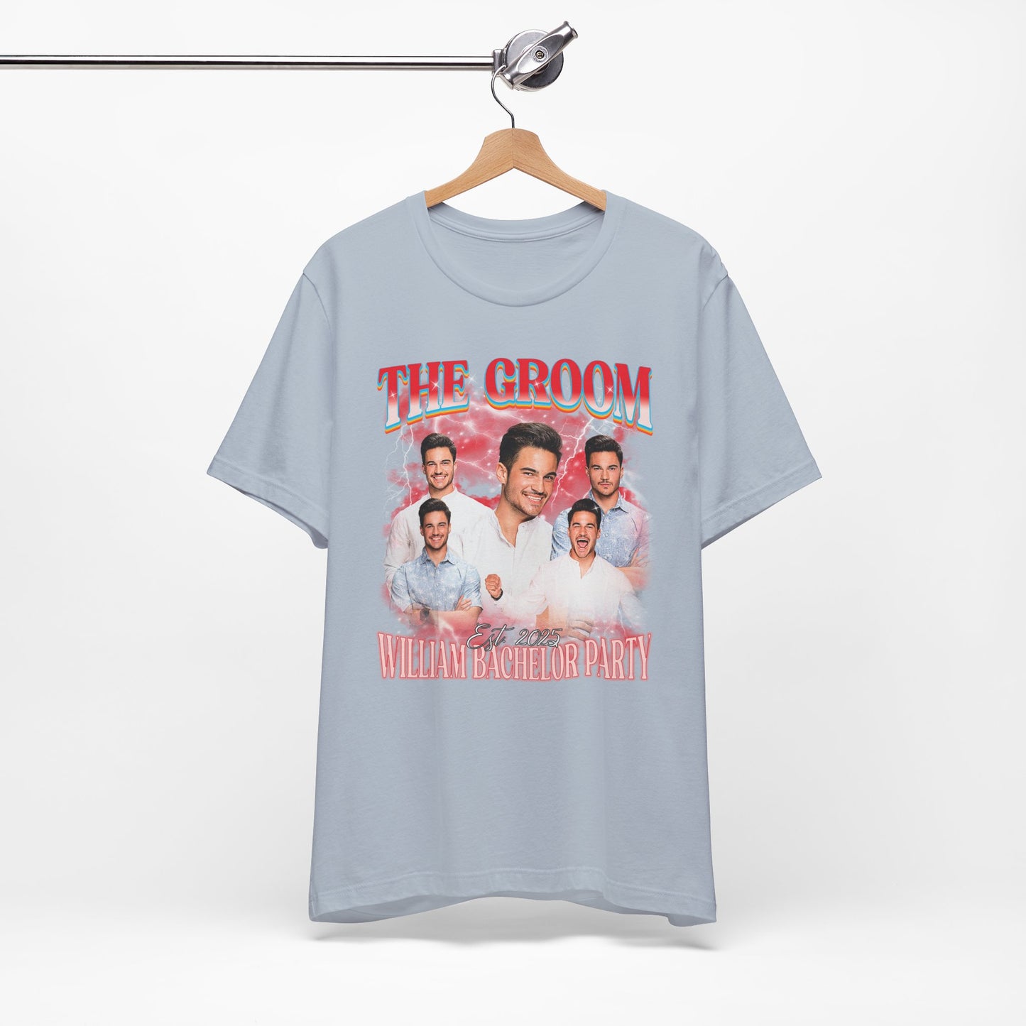 Groom bachelor party t-shirt with bold graphic design for wedding celebration