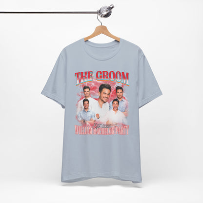 Groom bachelor party t-shirt with bold graphic design for wedding celebration