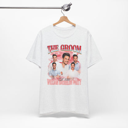 Groom bachelor party t-shirt with bold graphic design for wedding celebration