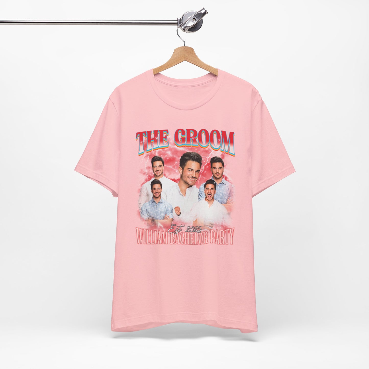 Groom bachelor party t-shirt with bold graphic design for wedding celebration