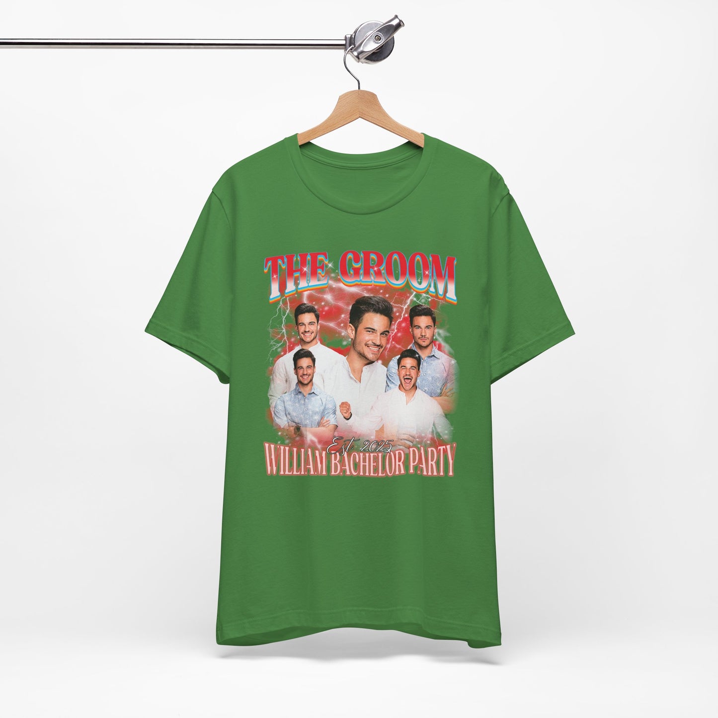 Groom bachelor party t-shirt with bold graphic design for wedding celebration