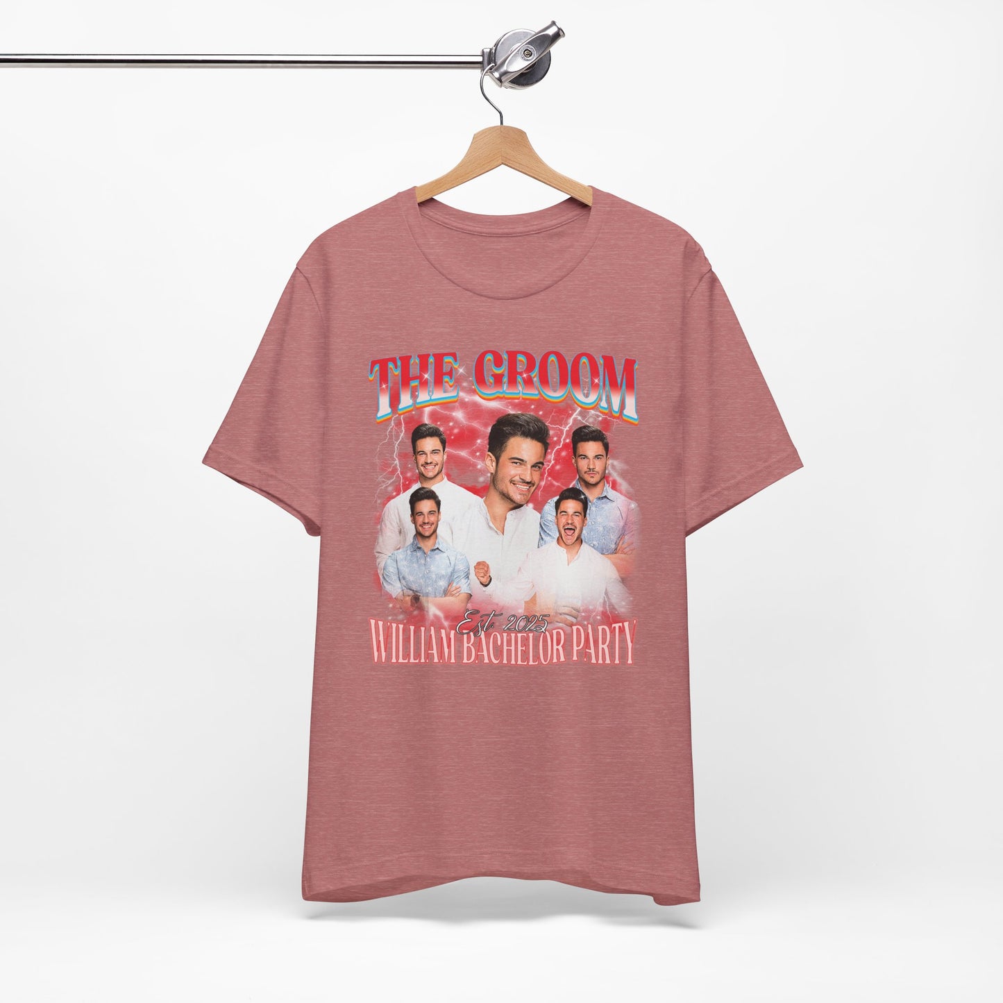 Groom bachelor party t-shirt with bold graphic design for wedding celebration