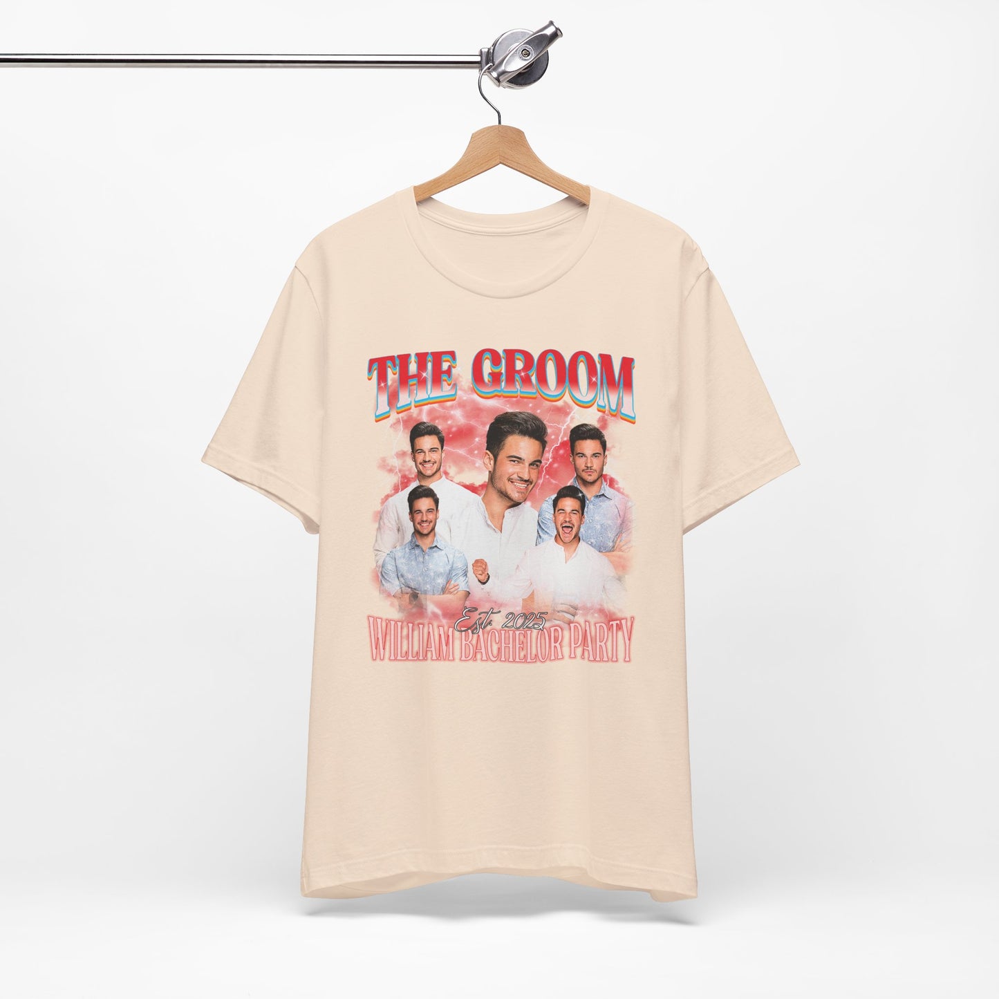Groom bachelor party t-shirt with bold graphic design for wedding celebration