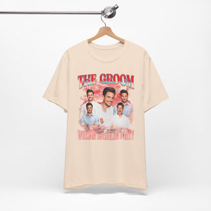 Groom bachelor party t-shirt with bold graphic design for wedding celebration