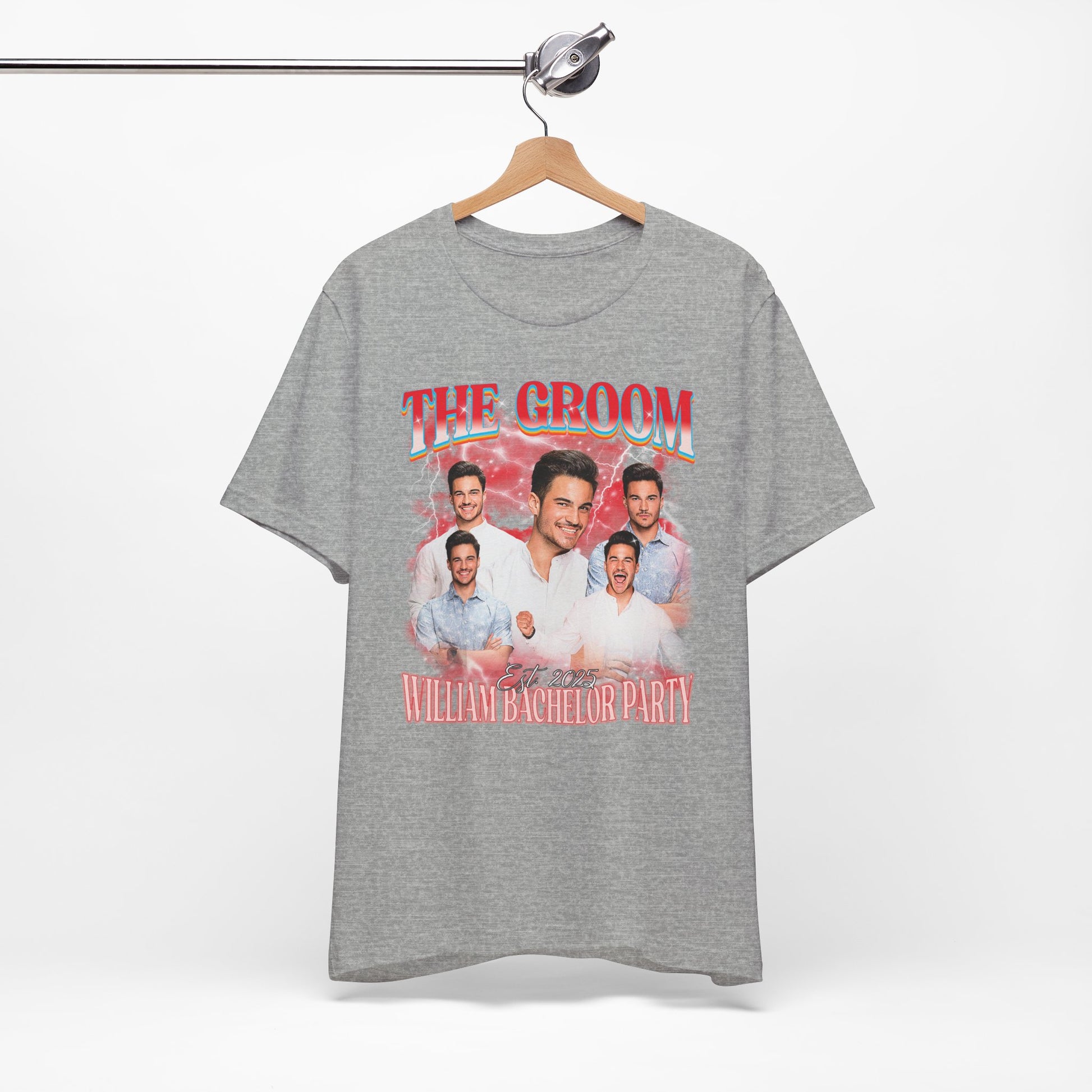 Groom bachelor party t-shirt with bold graphic design for wedding celebration