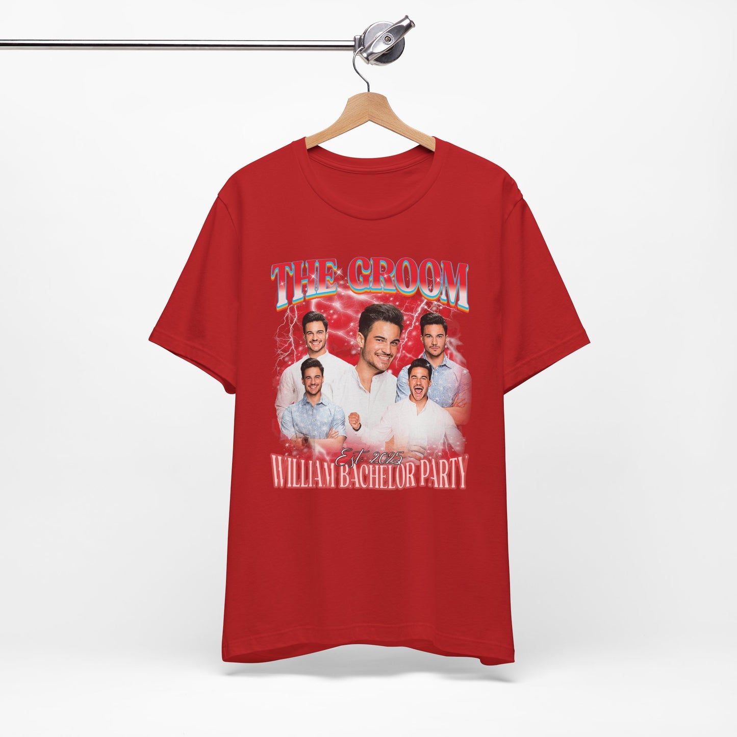 Groom bachelor party t-shirt with bold graphic design for wedding celebration