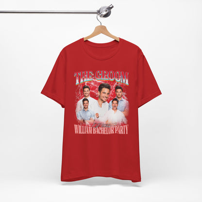 Groom bachelor party t-shirt with bold graphic design for wedding celebration