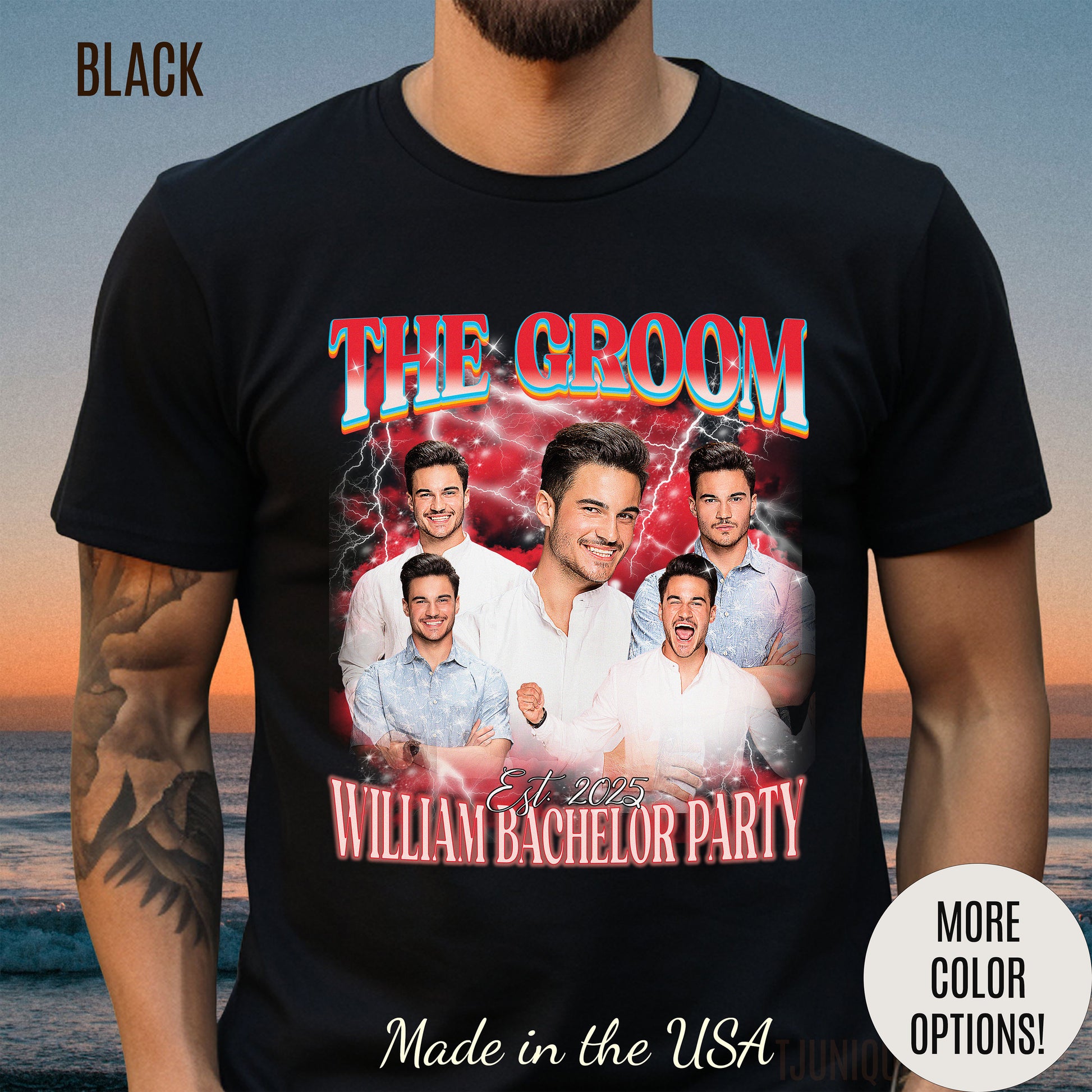 Groom bachelor party t-shirt with bold graphic design for wedding celebration