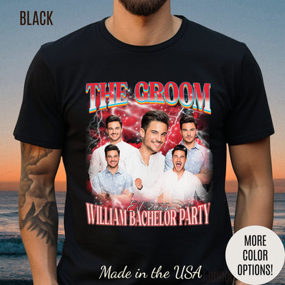 Groom bachelor party t-shirt with bold graphic design for wedding celebration