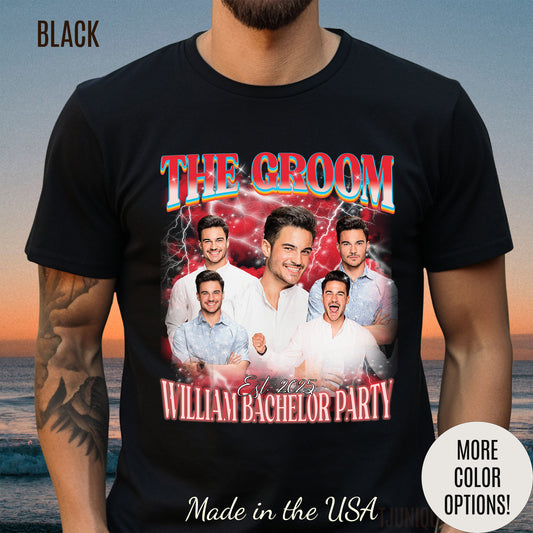 Groom bachelor party t-shirt with bold graphic design for wedding celebration