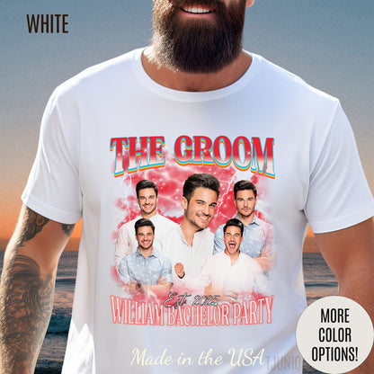 Groom bachelor party t-shirt with bold graphic design for wedding celebration